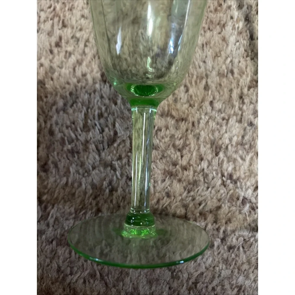 Vintage Green Uranium Glass Etched Flower Wine Glasses Set Of 2 Depression